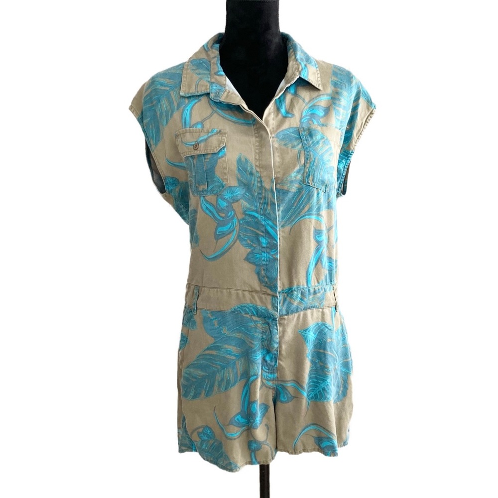 KAVU Khaki Turquoise Tropical Print Romper